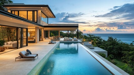 Fototapeta premium Tropical luxury villa with infinity pool overlooking the ocean at sunset