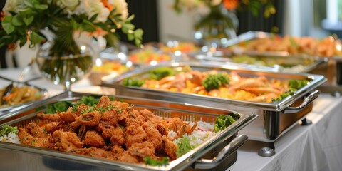 Obraz premium A festive wedding or corporate event with an array of delicious food in chafing dishes, including chicken and rice, fried fish, salad, creating a joyful atmosphere 