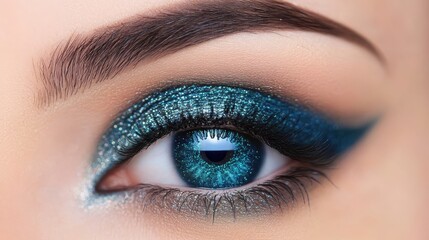 Naklejka premium Close-up of a woman's eye with striking teal and silver eyeshadow.