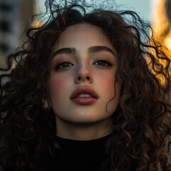 Fototapeta premium Portrait of young woman with curly hair in the city