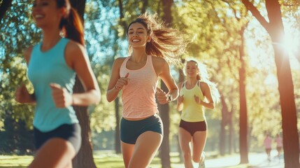 Group of curvy girls friends jogging together at park. Beautiful smiling young women running at the park on a sunny day. Female runners listening to music while jogging.