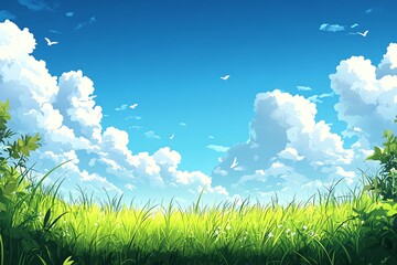 Obraz premium Peaceful green meadow under a bright blue sky filled with fluffy white clouds and birds flying overhead Perfect for a calming phone or computer background