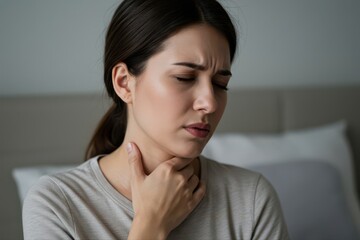Close up young woman using hand for touching neck with feeling sore throat after wake up in the morning at bedroom , health care lifestyle people concept