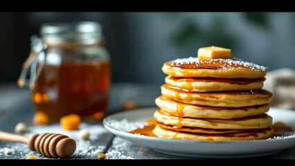 Stack of pancakes with marple surup and bananas.