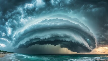 Dramatic storm clouds over ocean, ominous and powerful weather event.