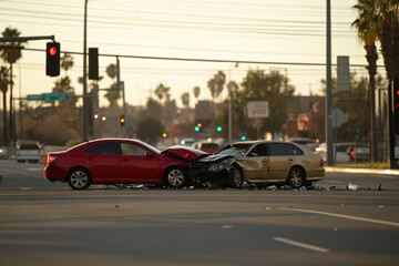 Collision between two cars at a busy intersection during late afternoon traffic