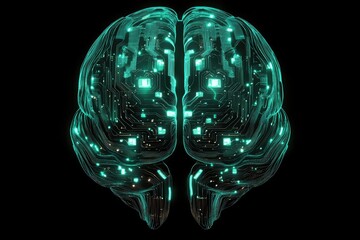A glowing AI brain with circuits and digital patterns.