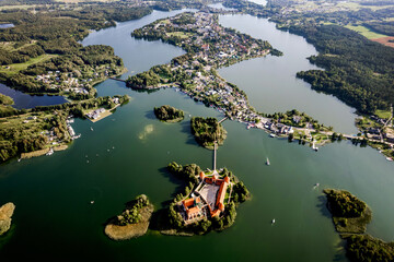 The historic Trakai Island Castle, set amidst the serene waters of Lake Galve in Lithuania.