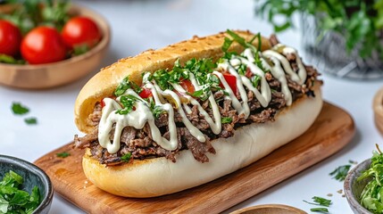 Delicious Beef Sandwich with Fresh Toppings and Flavorful Sauce