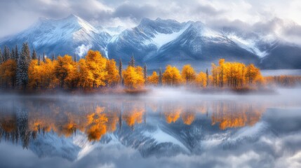 Obraz premium Misty autumn morning scene reflecting in a calm lake, with a mountainous backdrop.