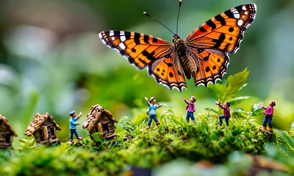 Miniature figures celebrating under a butterfly amidst lush greenery and tiny houses
