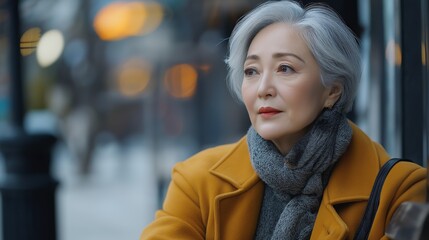 A woman in a yellow coat and gray scarf is sitting on a bench