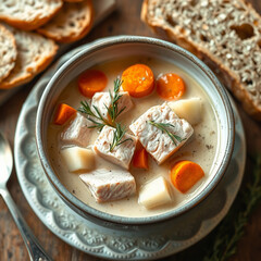 Traditional Finnish Salmon Soup Lohikeitto with Cream, Potatoes and Carrots