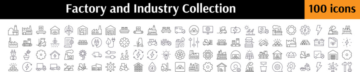 Industry Bundle of Related Line Icons. Factory, Warehouse, Gear, Agriculture Outline Signs for Graphic and Web Design, Apps, Adverts, Various Cards