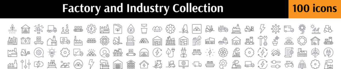 Industry Thin Line Icon Set. Factory, Warehouse, Gear, Agriculture Outline Signs for Graphic and Web Design, Apps, Adverts, Various Cards