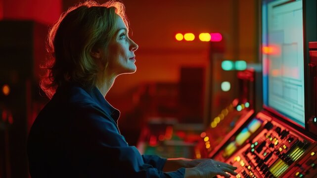 Woman operating a large, complex control panel with many buttons and monitors.
