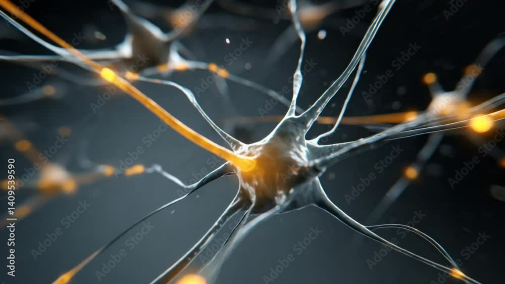 Poster colorful animation of neuron cells and glowing synapses in networks generative ai
