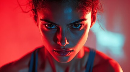 intense portrait of determined young middle eastern woman with dramatic red and blue lighting highlighting facial features. power and focus concept. motivational fitness poster, banner.