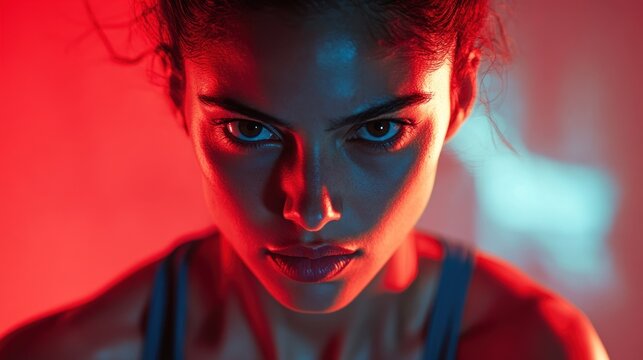 intense portrait of determined young middle eastern woman with dramatic red and blue lighting highlighting facial features. power and focus concept. motivational fitness poster, banner.