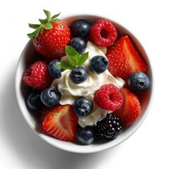 Obraz premium A bowl of mixed berries with whipped cream isoleted on white background