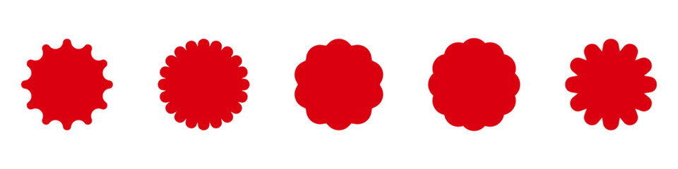 Set of red starburst. Price sticker, sale sticker, price tag, starburst, quality mark, retro stars, sale or discount sticker, sunburst badges, sun ray frames, promotional badge set, shopping labels