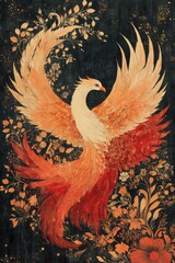 Majestic phoenix in fiery hues with floral patterns on dark background