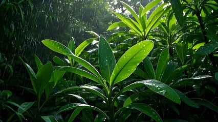 Naklejka premium A dense tropical jungle with sunlight piercing through the thick canopy, vibrant green leaves glistening with raindrops, humid atmosphere, wide shot capturing layers of vegetation