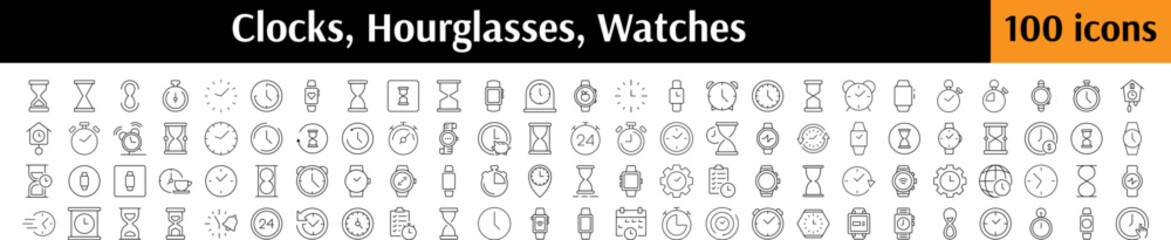 Time, Clock, Watch, Hourglass Pack of Thin Icons. Editable Stroke. Perfect for Web Sites, Books, Cards, Apps