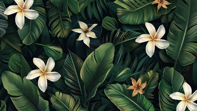 background of tropical leaves and flowers. Selective focus