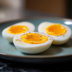 Hard-cooked eggs, cut in half and placed on the plate,