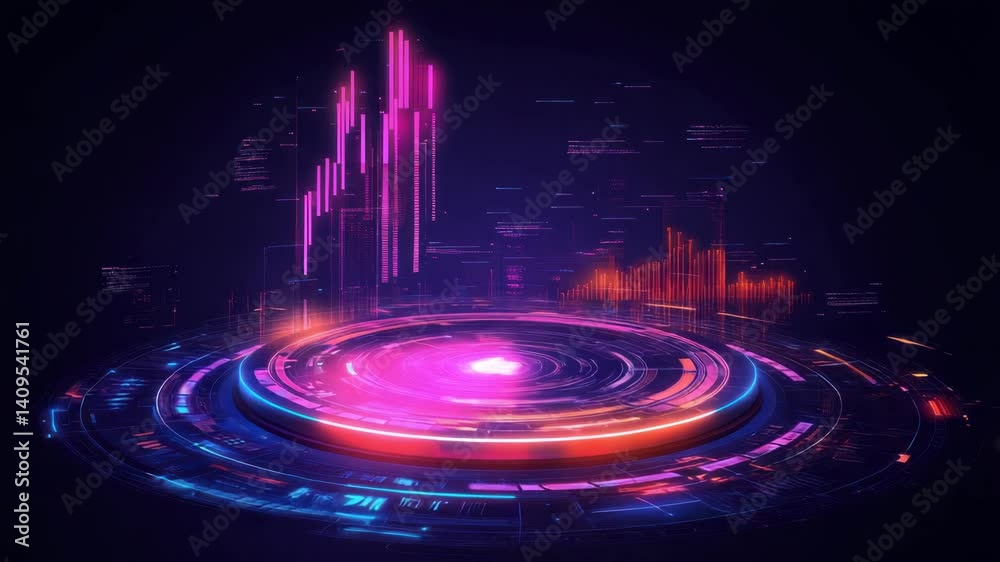 Poster futuristic holographic interface with data visualizations.