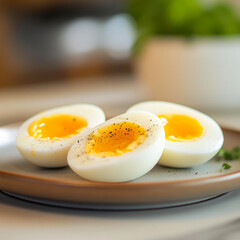 Hard-cooked eggs, cut in half and placed on the plate,