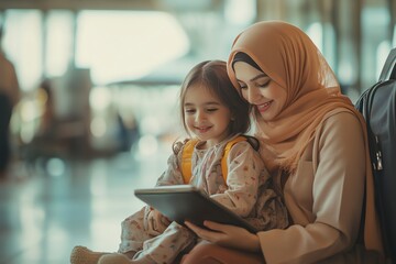 A Muslim woman and her young daughter are happily using a tablet together at an airport, creating a heartwarming travel moment. Perfect for family travel blogs and articles.