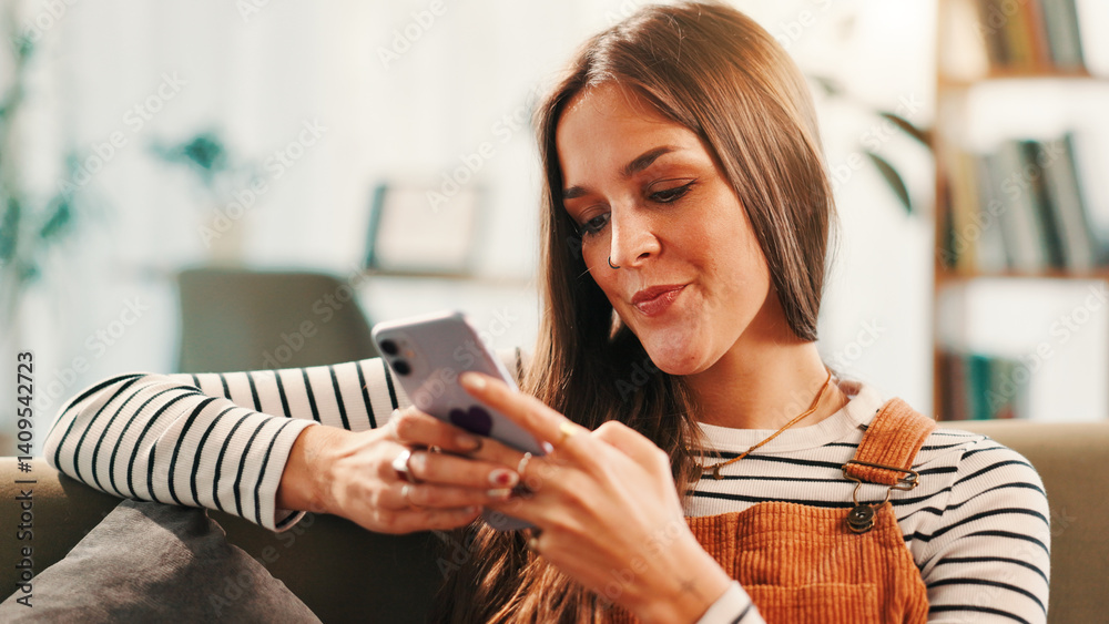 Poster smartphone, relax and woman on sofa in home with networking, communication or contact on mobile app.
