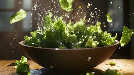Lettuce tossed in salad bowl with olive oil splash and motion.
