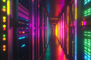 Vibrant server room glowing with colorful neon lights digital technology futuristic