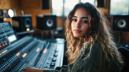 Naklejka premium Woman in recording studio with audio mixer, adjusting sound levels.