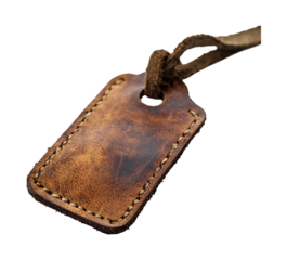 Crafting vintage leather tags accessories workshop product rustic. Isolated on transparent background, png.