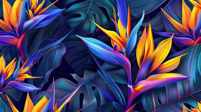 background of tropical leaves and flowers. Selective focus