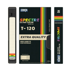 Retro style video cassettes front view with label and black cover, cover side view. Empty labels with lines for text. Magnetic cassette label fantasy 90s cover design. Vector illustration.