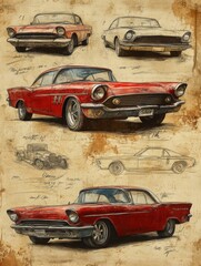 Vintage automobile sketches featuring classic red cars and detailed designs
