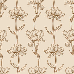 Floral seamless pattern with outline tulips. Beautiful delicate flowers with leaves. Retro decorative wallpaper, template for fashion design. Botanical print on beige background, vector illustration