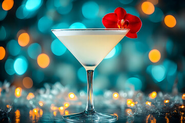 Elegant, light-yellow cocktail garnished with orchid.