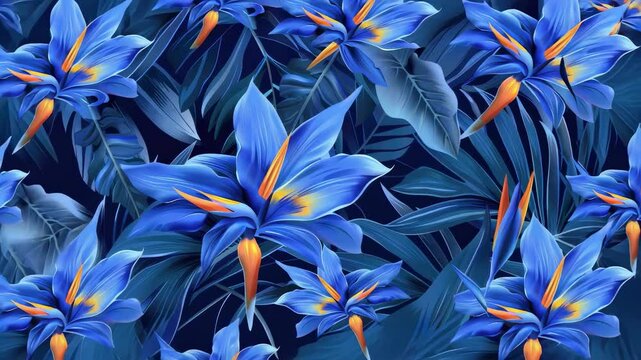 background of tropical leaves and flowers. Selective focus
