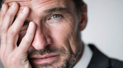 Fototapeta premium Stressed CEO Portrait Close-Up in Mid 40s with Thoughtful Expression