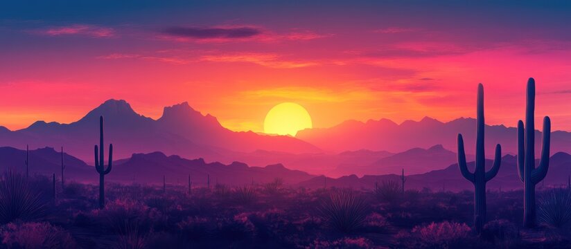 Desert sunset cacti mountainscape