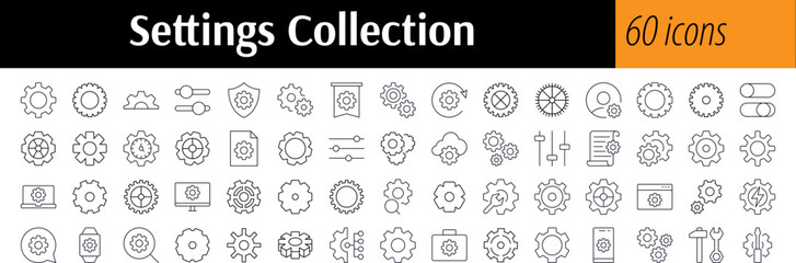 Mechanism and Settings Set of Thin Icons. Editable Stroke. Perfect for Web Sites, Books, Cards, Apps