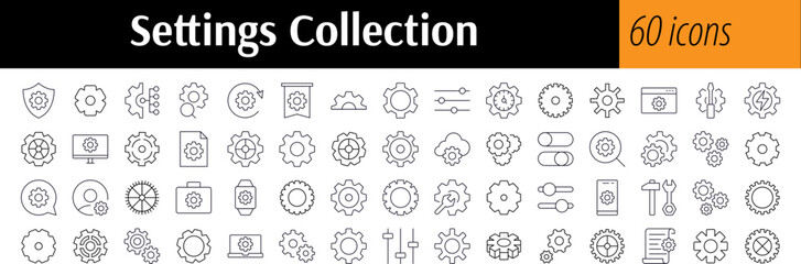 Mechanism and Settings Pack of Thin Icons. Editable Stroke. Perfect for Web Sites, Books, Cards, Apps