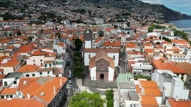 Drone view of Cathedral of Our Lady of the Assumption in Funchal city, capital of Madeira Island, Portugal