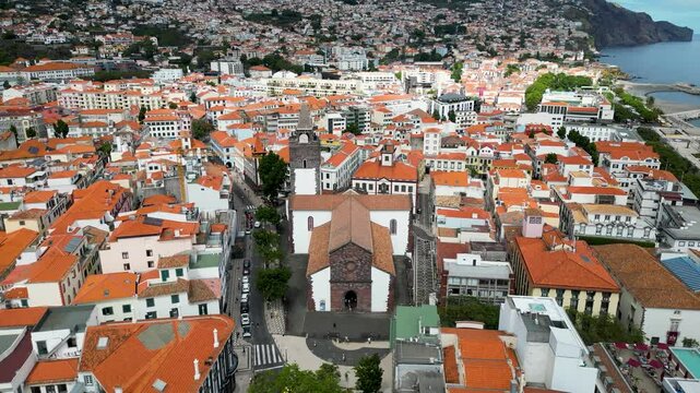 Drone view of Cathedral of Our Lady of the Assumption in Funchal city, capital of Madeira Island, Portugal